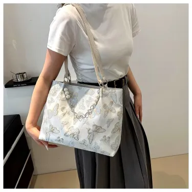 Trendy Chic Embroidered Pearl Chain Tote Bag For Women